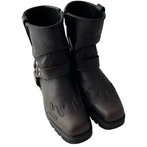 X Element Black Leather Flames Moto Harness Riding Boots Women’s 9.5 Men’s 7.5